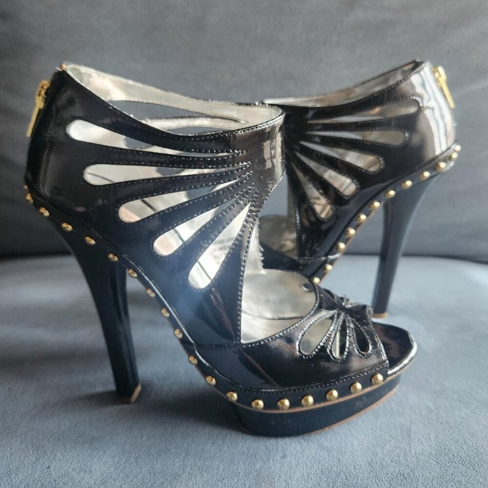 Melody Ehsani RARE Black & Gold Studded "Love Stinks" Stiletto Platforms. SZ 7